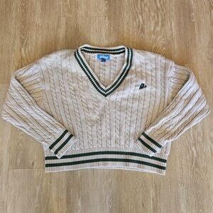 Prince Pickleball Cable Knit V-Neck Sweater Crop White & Green Cotton Women's  L